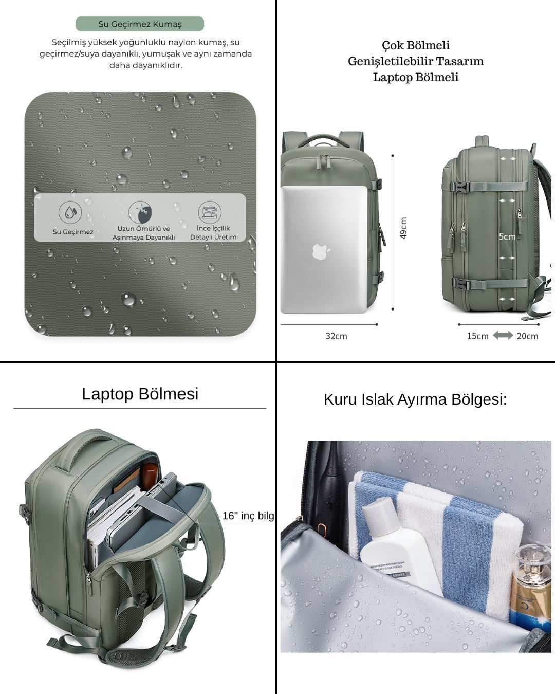 Su Geçirmez 39L Seyahat Sırt Çantası - 16" inç Laptop Bölmeli - Kuru Islak Ayırma Bölgesi - Ortopedik