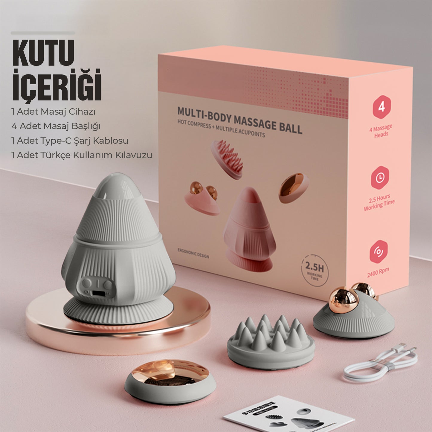 RELAXUS 4 Başlıklı Silikon Vücut Masaj Aleti – Şarjlı | 2 Kademe Isıtmalı, 3 Masaj Modlu