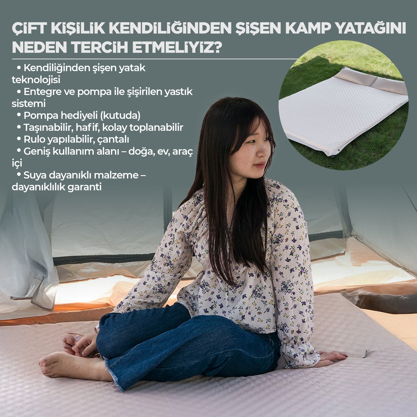 RELAXUS Çift Kişilik Kendiliğinden Şişen Kamp Yatağı – Entegre Yastıklı, Pompa Hediyeli | Taşınabilir