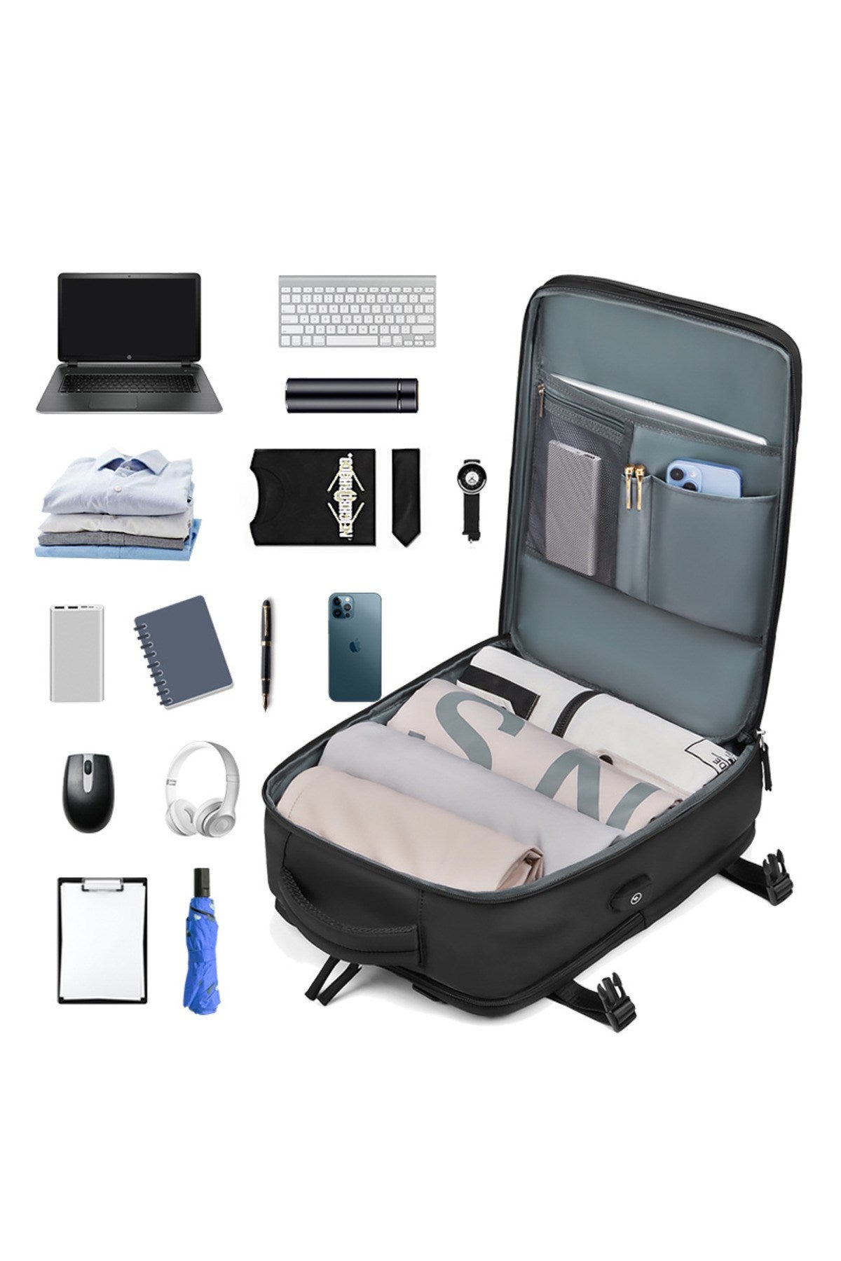 Su Geçirmez 16" inç 30L Ayakkabı Bölmeli Seyahat Sırt Çantası - Laptop Bölmeli, USB Şarj Girişli