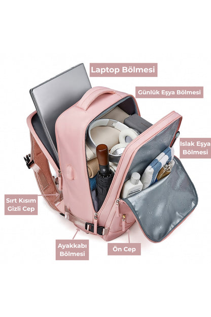 Su Geçirmez 16" inç 30L Ayakkabı Bölmeli Seyahat Sırt Çantası - Laptop Bölmeli, USB Şarj Girişli