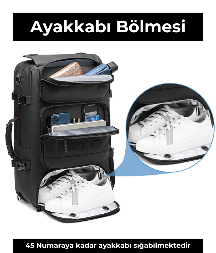 Su Geçirmez 17.3" inç 60L Ayakkabı Bölmeli Seyahat Sırt Çantası - Laptop Bölmeli, USB Şarj Girişli