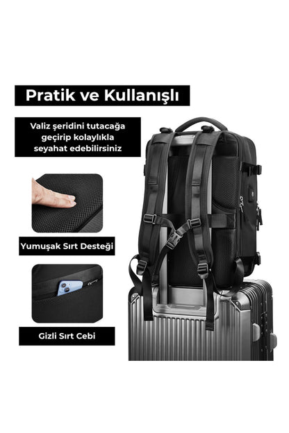 Su Geçirmez 16" inç 30L Ayakkabı Bölmeli Seyahat Sırt Çantası - Laptop Bölmeli, USB Şarj Girişli