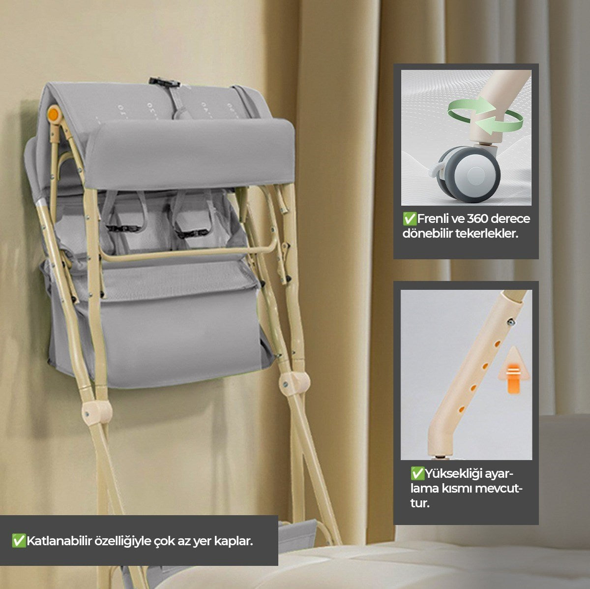 Portatif Bebek Alt Değiştirme Bakım Masası Sepetli Organizer Katlanabilir Taşınabilir İstasyon Tekerlekli Askılık