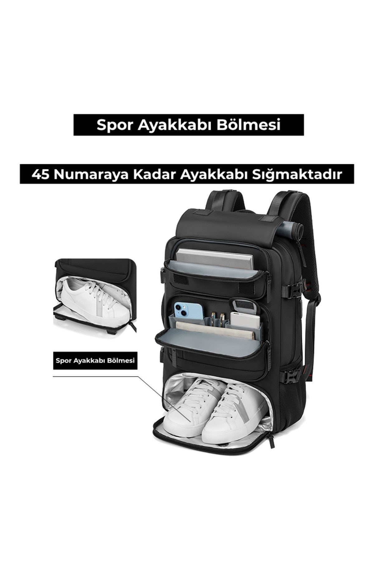 Ayakkabı Bölmeli Su Geçirmez Spor & Seyahat Sırt Çantası – 30L – 16” Laptop Bölmeli