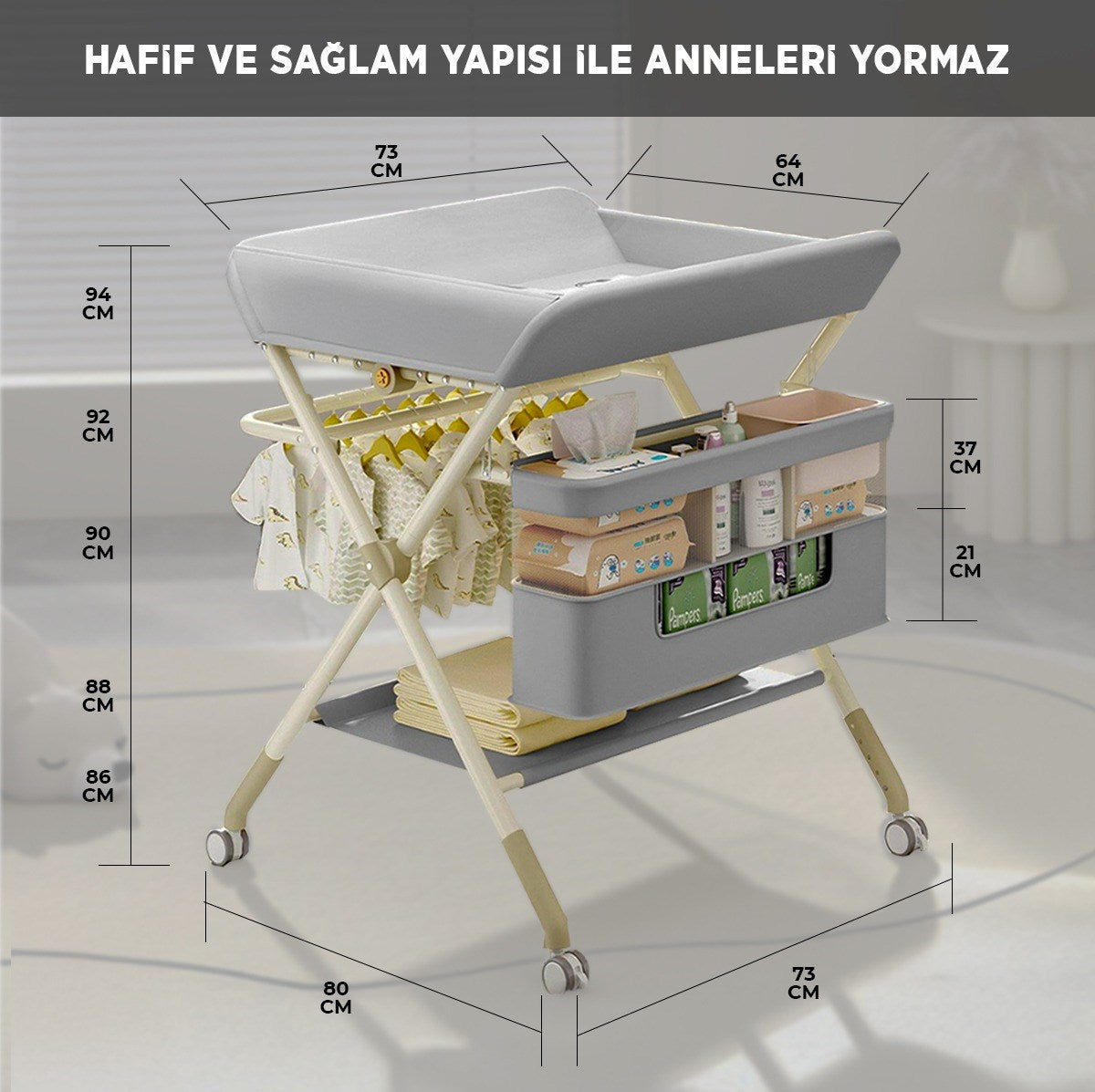 Portatif Bebek Alt Değiştirme Bakım Masası Sepetli Organizer Katlanabilir Taşınabilir İstasyon Tekerlekli Askılık