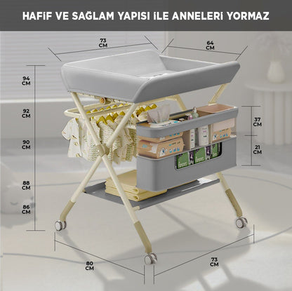 Portatif Bebek Alt Değiştirme Bakım Masası Sepetli Organizer Katlanabilir Taşınabilir İstasyon Tekerlekli Askılık