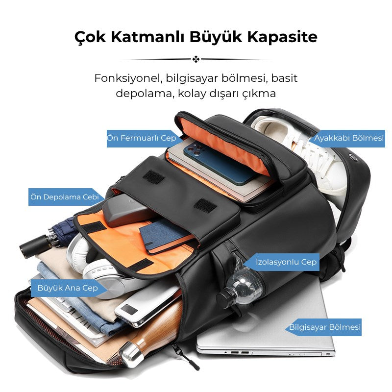 Su Geçirmez 40L Seyahat Sırt Çantası - 17" inç Laptop Bölmeli - İzolasyonlu Cep - Ayakkabı Bölmesi