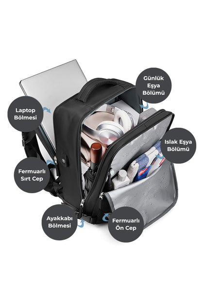 Su Geçirmez 16" inç 30L Ayakkabı Bölmeli Seyahat Sırt Çantası - Laptop Bölmeli, USB Şarj Girişli