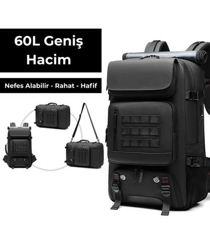 Su Geçirmez 17.3" inç 60L Ayakkabı Bölmeli Seyahat Sırt Çantası - Laptop Bölmeli, USB Şarj Girişli