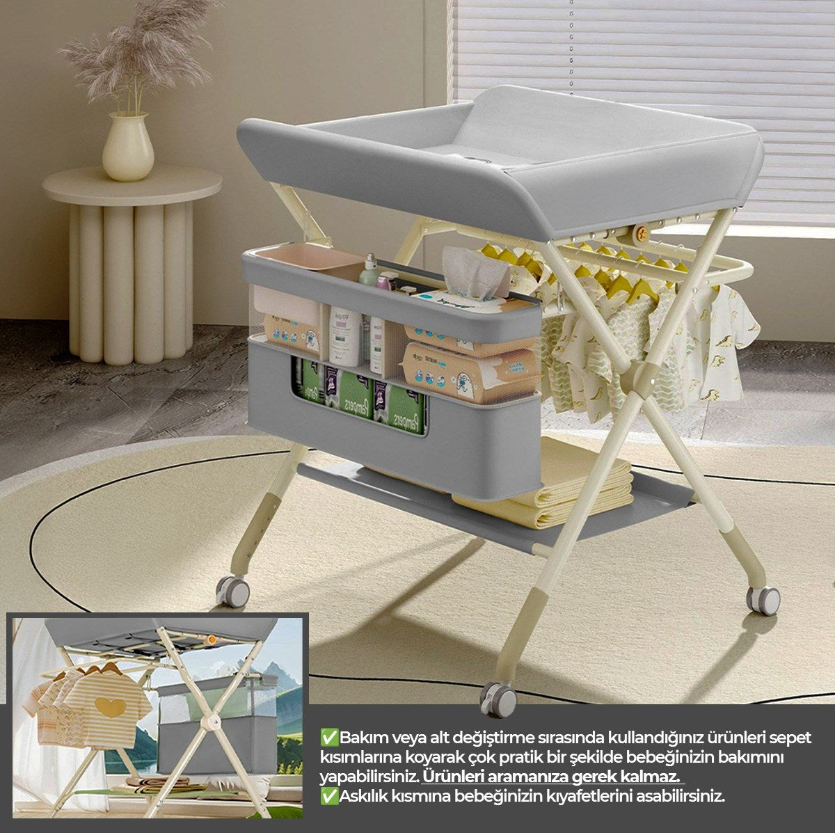 Portatif Bebek Alt Değiştirme Bakım Masası Sepetli Organizer Katlanabilir Taşınabilir İstasyon Tekerlekli Askılık