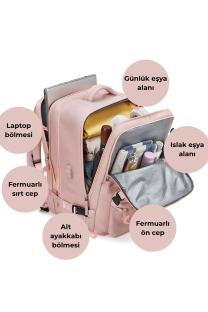 Su Geçirmez 16" inç 39L Ayakkabı Bölmeli Seyahat Sırt Çantası - Laptop Bölmeli, USB Şarj Girişli