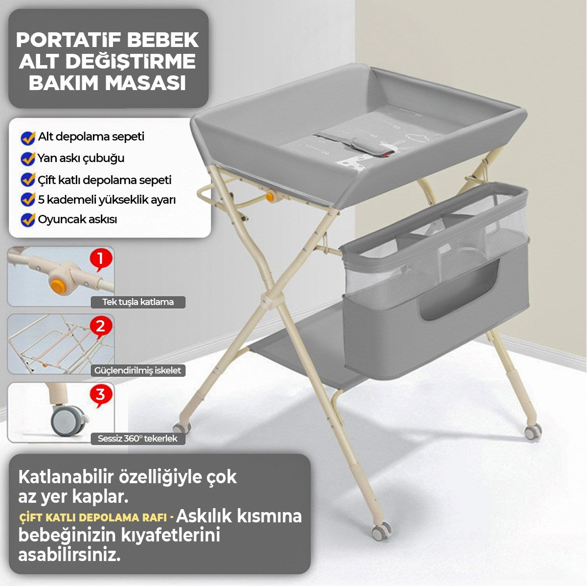 Portatif Bebek Alt Değiştirme Bakım Masası Sepetli Organizer Katlanabilir Taşınabilir İstasyon Tekerlekli Askılık