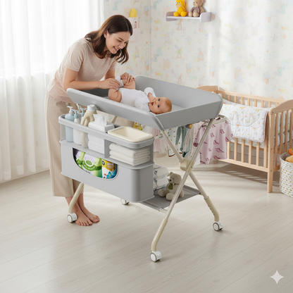 Portatif Bebek Alt Değiştirme Bakım Masası Sepetli Organizer Katlanabilir Taşınabilir İstasyon Tekerlekli Askılık