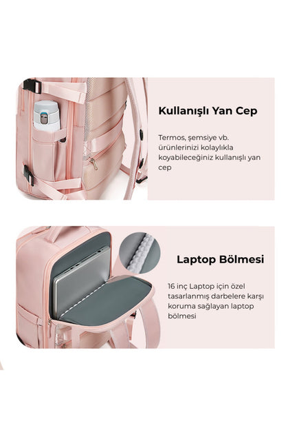 Su Geçirmez 16" inç 39L Ayakkabı Bölmeli Seyahat Sırt Çantası - Laptop Bölmeli, USB Şarj Girişli