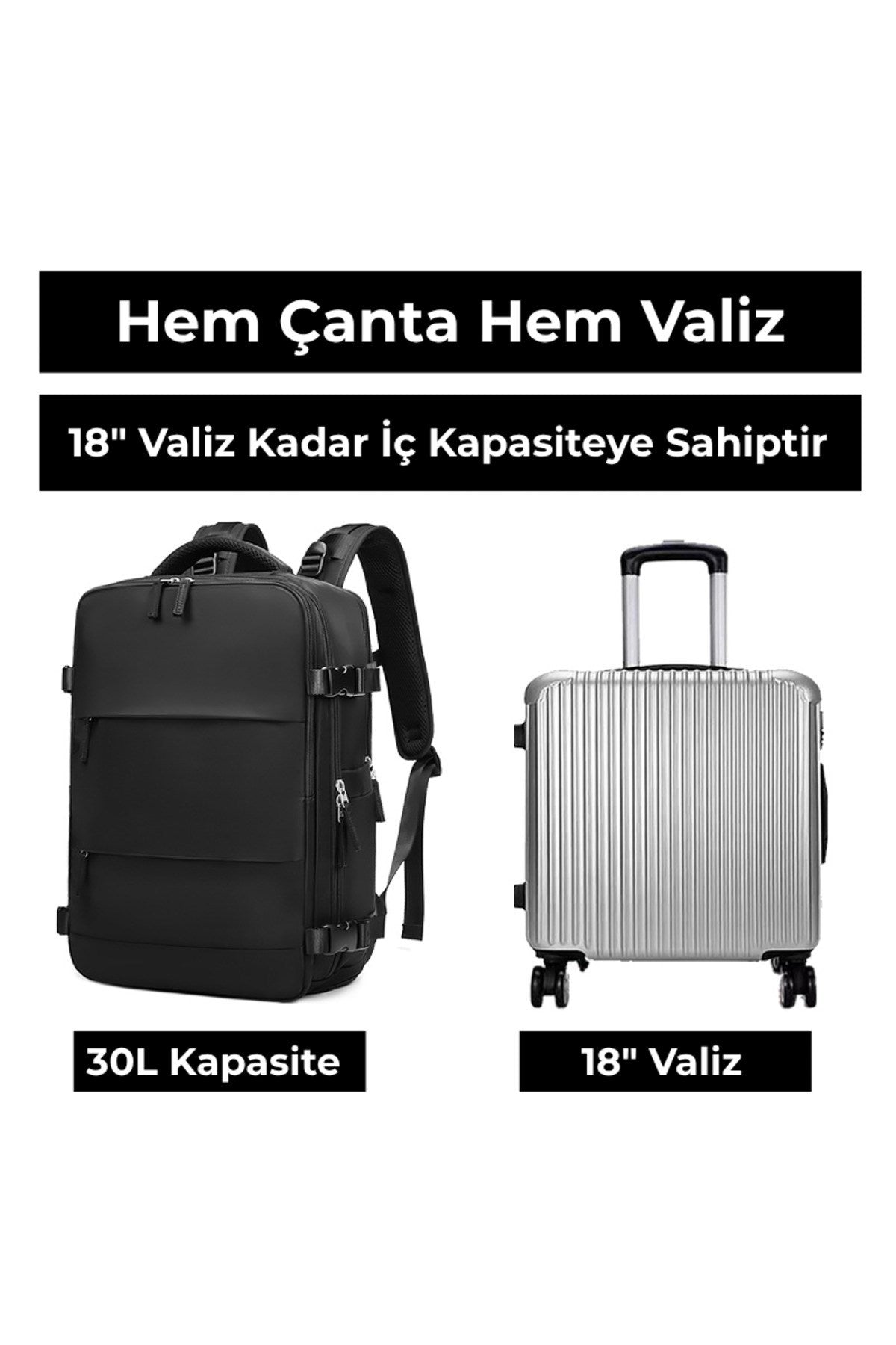 Su Geçirmez 16" inç 30L Ayakkabı Bölmeli Seyahat Sırt Çantası - Laptop Bölmeli, USB Şarj Girişli