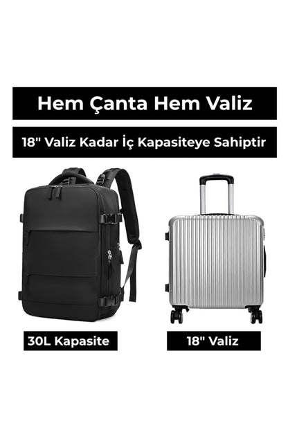 Su Geçirmez 16" inç 30L Ayakkabı Bölmeli Seyahat Sırt Çantası - Laptop Bölmeli, USB Şarj Girişli