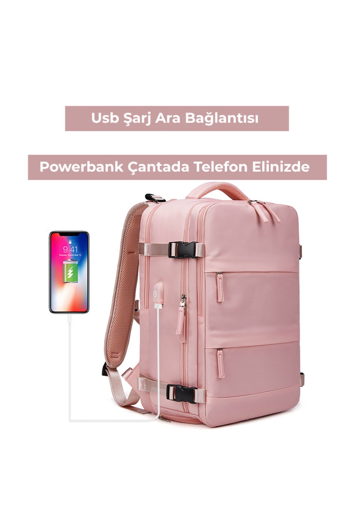 Su Geçirmez 16" inç 30L Ayakkabı Bölmeli Seyahat Sırt Çantası - Laptop Bölmeli, USB Şarj Girişli