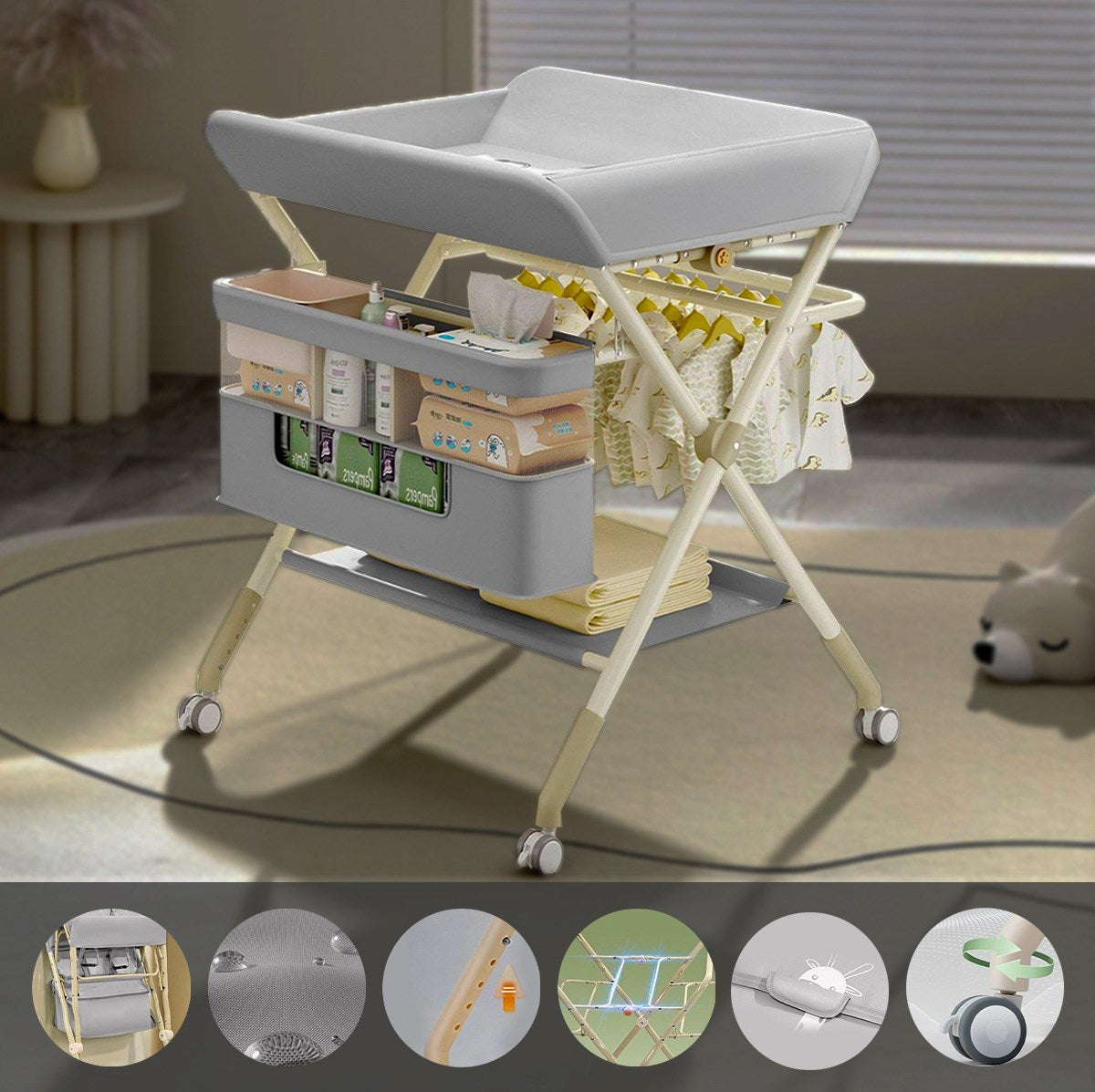 Portatif Bebek Alt Değiştirme Bakım Masası Sepetli Organizer Katlanabilir Taşınabilir İstasyon Tekerlekli Askılık
