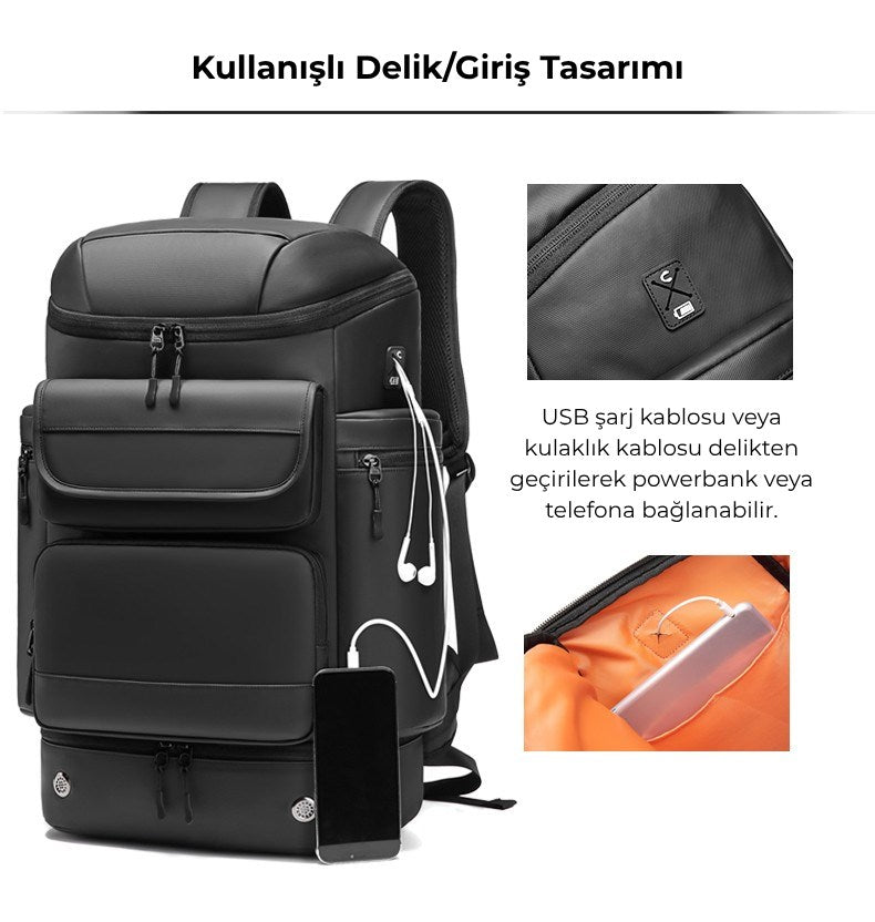Su Geçirmez 40L Seyahat Sırt Çantası - 17" inç Laptop Bölmeli - İzolasyonlu Cep - Ayakkabı Bölmesi