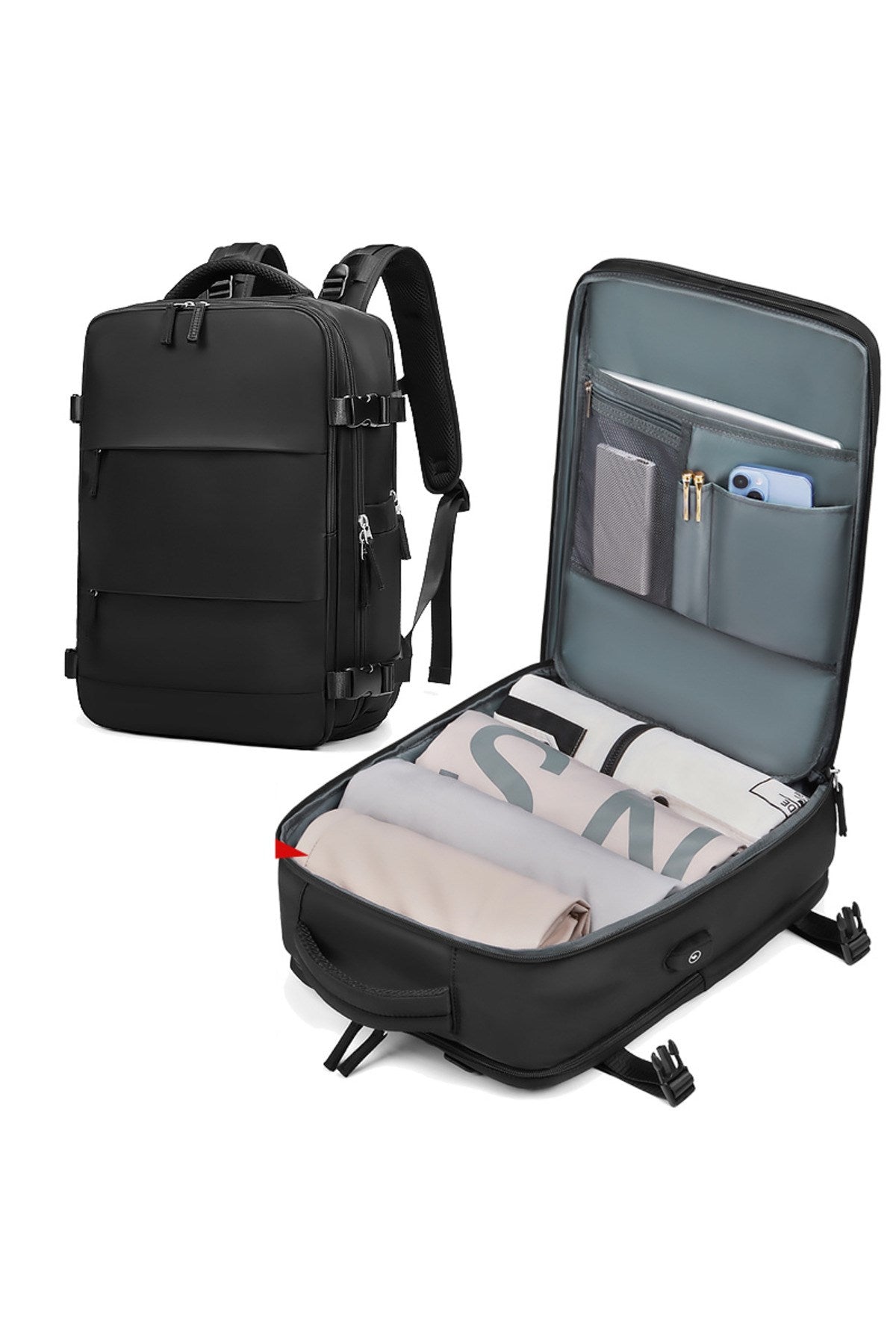 Su Geçirmez 16" inç 30L Ayakkabı Bölmeli Seyahat Sırt Çantası - Laptop Bölmeli, USB Şarj Girişli