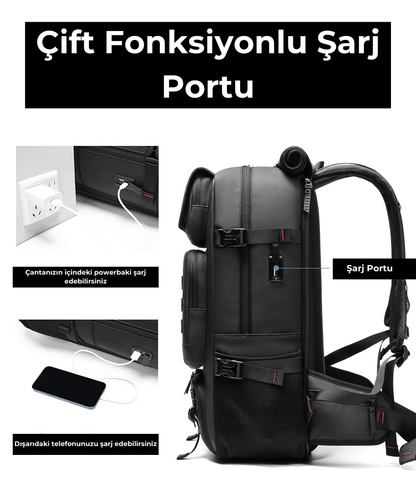 Su Geçirmez 17.3" inç 60L Ayakkabı Bölmeli Seyahat Sırt Çantası - Laptop Bölmeli, USB Şarj Girişli