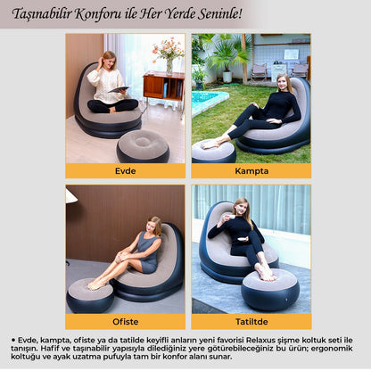 RELAXUS Şişme Koltuk ve Ayak Uzatma Pufu – Ev, Kamp, Ofis Kullanımı İçin, Pompa Hediyeli, Taşınabilir